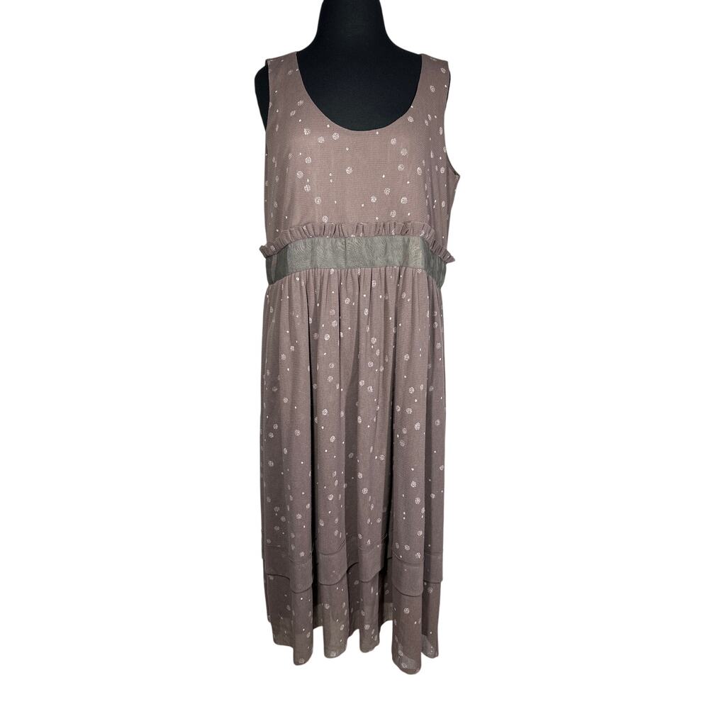 Lilith Luxury Designer Sleeveless Midi Dress Mesh Overlay Sz XL Taupe Lagenlook